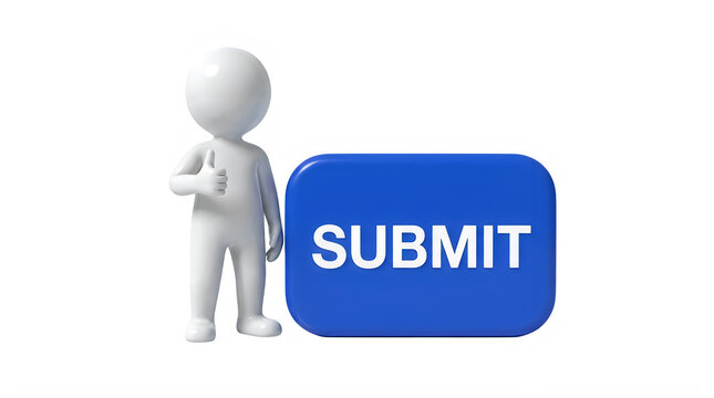 3d character giving thumbs up next to blue submit button