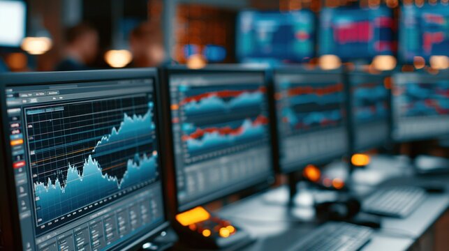 Multiple computer monitors displaying financial stock market data charts and graphs in a trading room environment