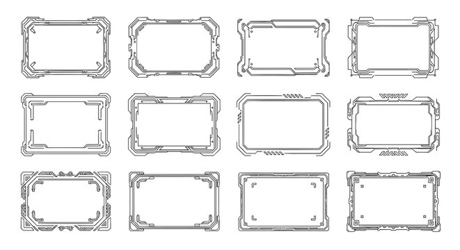 Rectangular tech frames showcasing complex corner accents and linear borders for sci-fi user interface design and software display panels in digital environments.