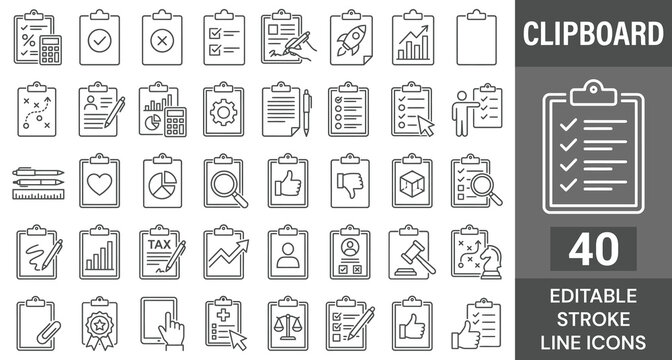 Clipboard web icons in line style. Checklist, report, petition, survey, collection. Editable stroke. Vector illustration.