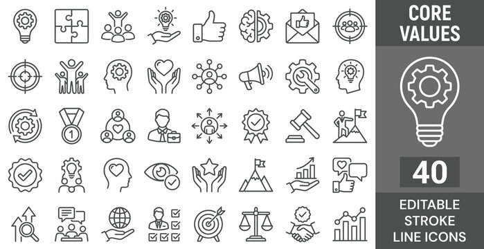 Core Values web icon set in line style. Innovation, integrity, customers, accountability, teamwork, goals, motivation collection. Editable stroke. Vector illustration.