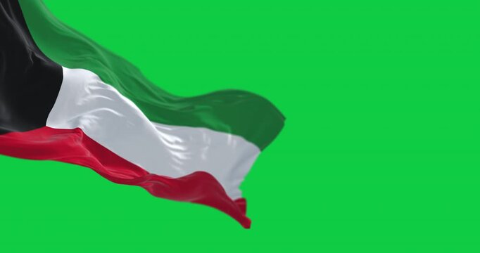 Kuwait national flag waving in the wind isolated on green background