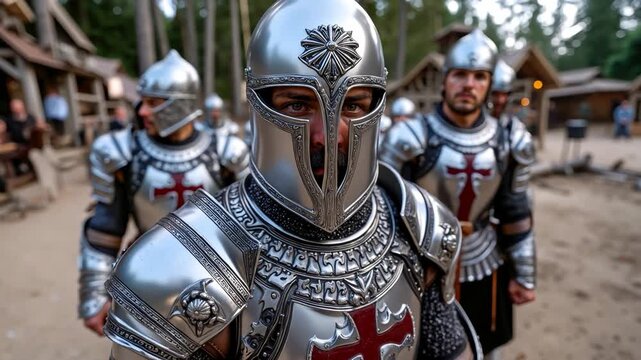Group of medieval templar knights in polished silver armor with red crosses standing outdoors