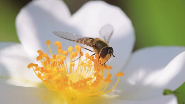 Hoverfly pollinating white flower in macro close up footage showing insect movement on yellow stamens.