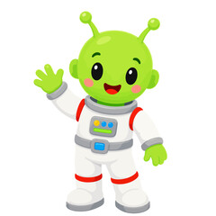 Obraz premium Cute Green Alien Astronaut Cartoon Character Waving