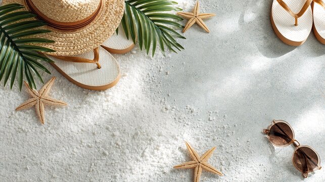 Overhead view of beach essentials including straw hat, flip flops, sunglasses, palm fronds and starfish scattered on white sand with dappled sunlight.