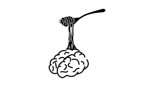 Spaghetti brain with fork, black isolated vector silhouette