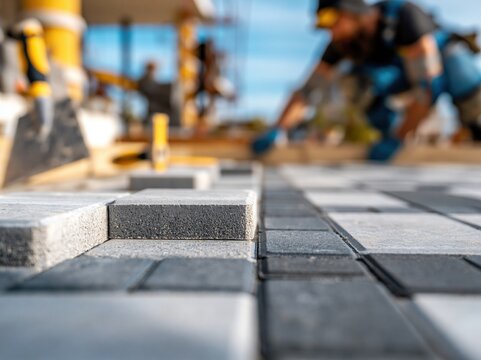 Construction worker installing modern interlocking concrete pavers for a patio or driveway