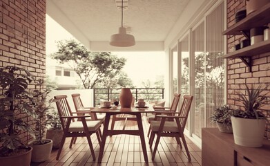 Obraz premium Cozy wooden dining set on a sunlit balcony with lush potted plants and city view