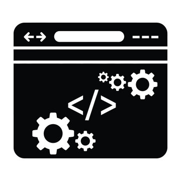 Web development concept with gears and code symbols on a browser window background
