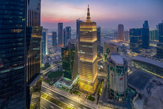 Doha, Qatar - February 02, 2022: Skyscrapers in Financial District skyline in West Bay, Doha, Qatar