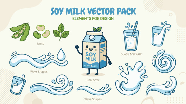 Soy milk vector pack with cute carton character splashes and soybean doodles for design elements.