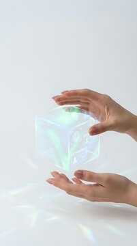 Hands holding glowing holographic cube with green digital interface and data visualization on white background for technology and innovation concepts.