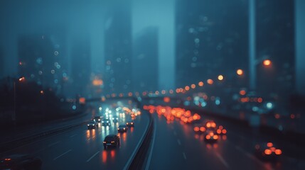 Obraz premium traffic jam in the city with street covered with smog, abstract background of the city lights, night traffic in the city, traffic in city at night, night view of the city