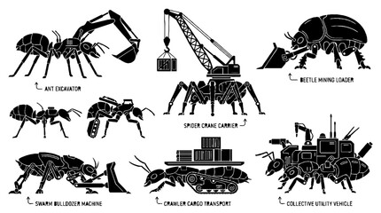 Obraz premium Set of insect construction machinery silhouettes illustration.