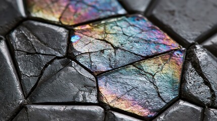 Obraz premium Close-up Macro View of Iridescent Mineral Crystals with Fractured Surfaces and Vibrant Rainbow Hues