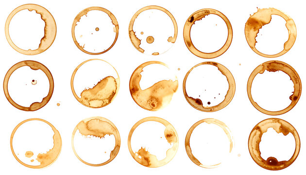 Set of coffee cup stains and ring marks, isolated circles from tea or espresso mugs