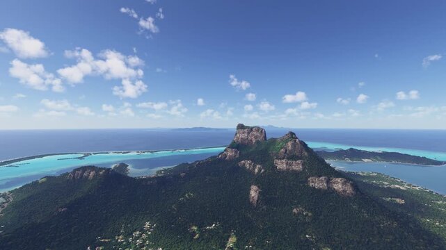 Circular aerial drone view of Mont Pahia in Bora Bora. French Polynesia