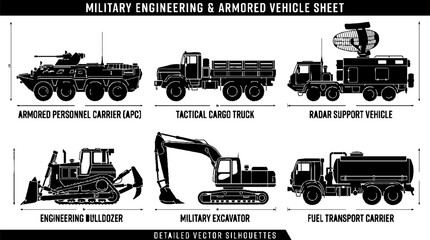 Fototapeta premium Set of Military Engineering and Armored Vehicles Silhouette Icons.