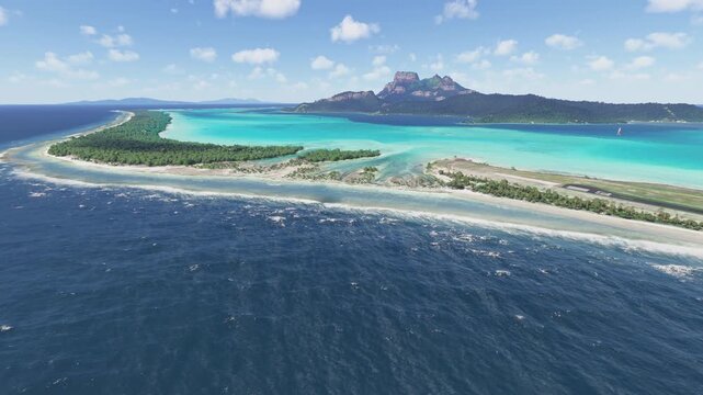 Drone aerial shot of Paharire Point Ocean Waves in Bora Bora. French Polynesia
