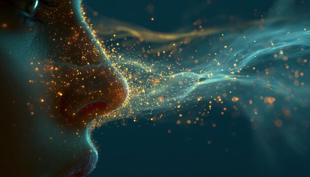 Human profile showing the sense of smell with glowing golden particles and blue vapor representing aroma, breath, or allergens