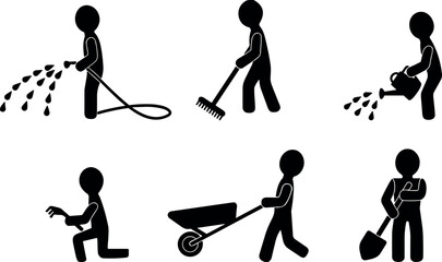 Gardening farmer stick figure vector icon set with hose watering can rake shovel and wheelbarrow on transparency. © arifa journal!