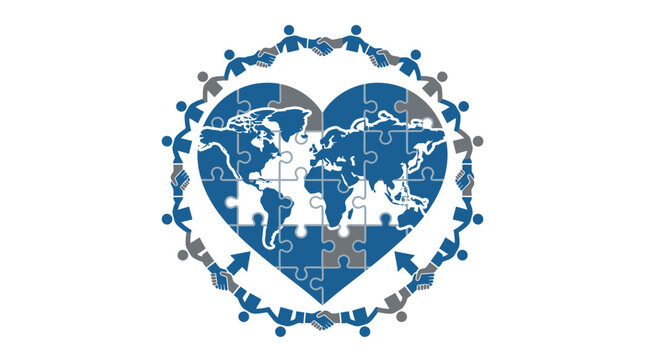 Global Unity Heart Puzzle World Map People Holding Hands Circle Connection