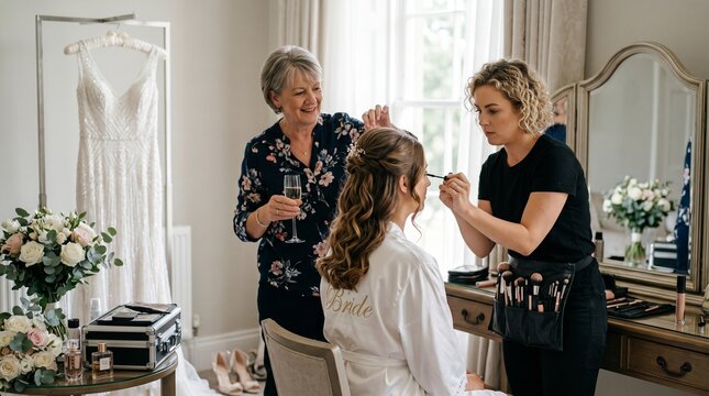 Happy beautiful bride getting hair and makeup done by stylists on wedding morning