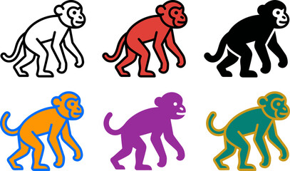 Colorful monkey icons in different styles and colors walking sideways  various designs © Khatunay JANNATARA