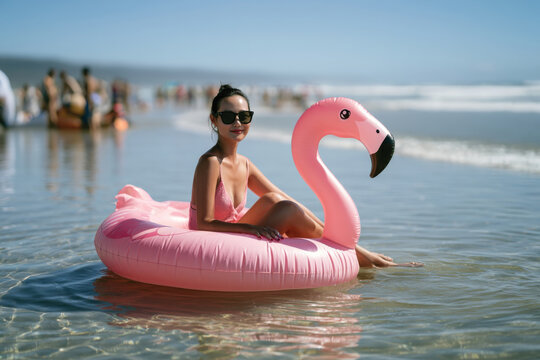 A stylish young woman enjoys a relaxing moment on a vibrant pink flamingo float, with beautiful ocean waves and a sunny beach scene in the background, exuding summer vibes.