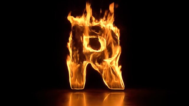 Letter r engulfed in bright orange flames isolated on a black background for creative typography