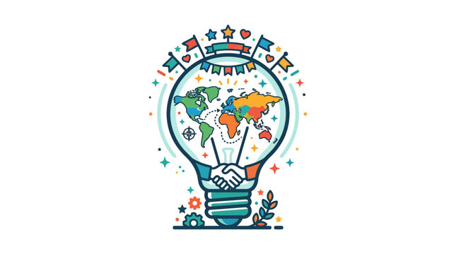 Global Partnership Idea Lightbulb: World Map, Handshake, Flags, Innovation Concept