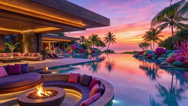 Ultra luxury tropical resort pool with a sunken fire pit lounge at sunset