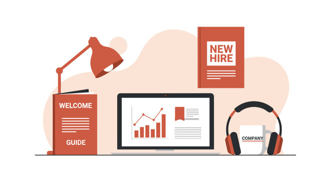 Onboarding workspace setup for a new staff member with a computer showing a chart, a welcome guide book, a desk lamp, headphones, and a company mug on a clean desk surface.