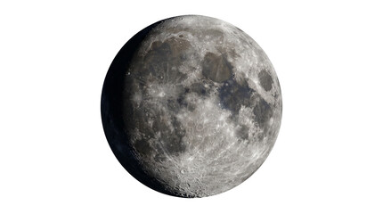 Naklejka premium Detailed moon surface with craters and lunar maria, realistic astronomical satellite photography, celestial body in waxing gibbous phase isolated PNG with Transparent Background