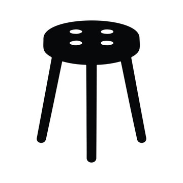 Black icon representing a three-legged stool with a round seat featuring four small circular cutouts icon vector flat design.