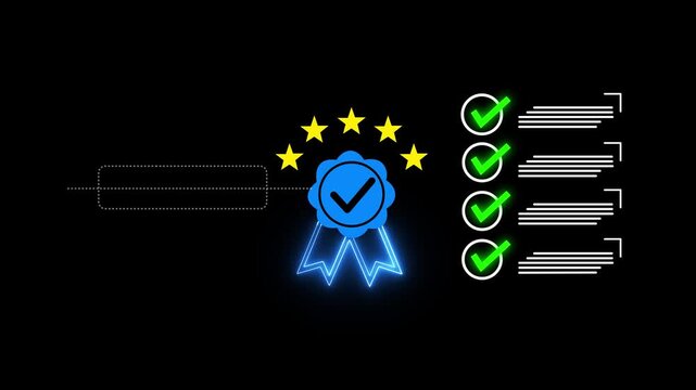 A professional with digital quality certification badge with approval marks, compliance checks, performance rating icons, and verified document indicators representing business quality.4k