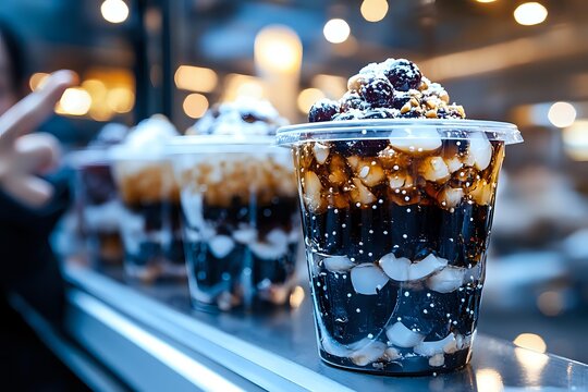 Iced cola beverage with ice cubes and whipped cream topping in clear plastic cup, served at counter with blurred urban cafe background for restaurant and beverage marketing.