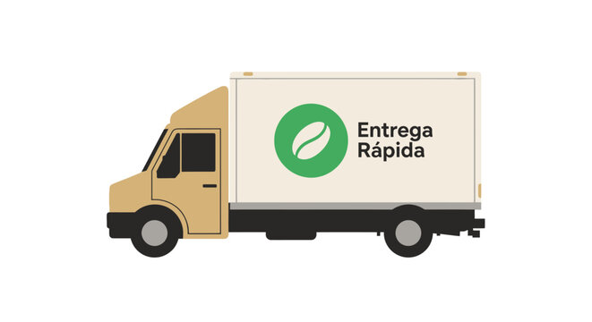 Illustration of a coffee delivery truck with the text Entrega R?pida isolated on white