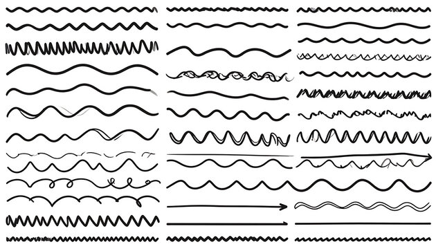 Set of hand drawn wavy line dividers, sketch scribble borders, doodle pattern dividers, rustic organic textures for page decoration