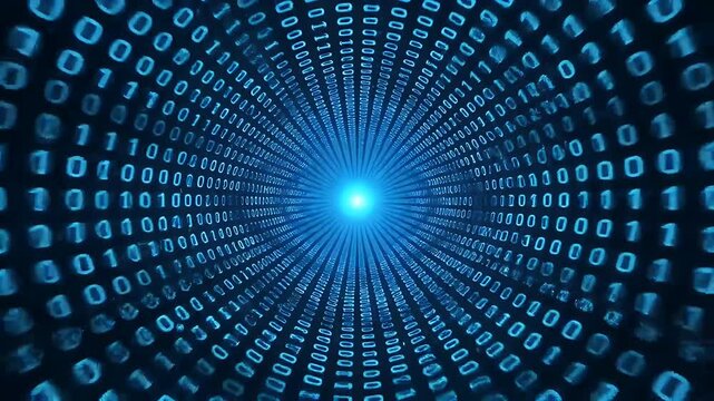 Binary code tunnel with glowing light representing digital data flow and information technology web