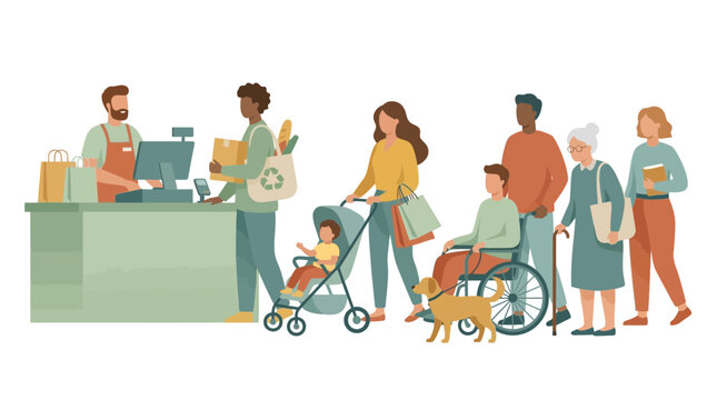 Diverse customers standing in line at a supermarket store checkout counter with a cashier, perfect for retail business banner, grocery market advertising and community service presentation