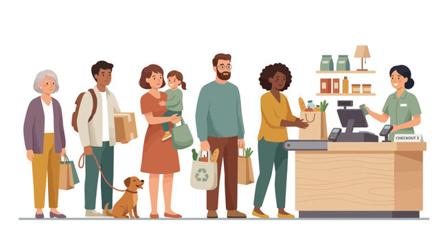 Diverse customers standing in line at a supermarket checkout counter with a female cashier, perfect for grocery retail marketing, customer service blogs and consumer behavior articles