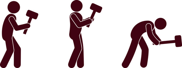 Construction worker stick figure vector silhouette set showing man hitting pounding and smashing with heavy sledgehammer hammer. © arifa journal!