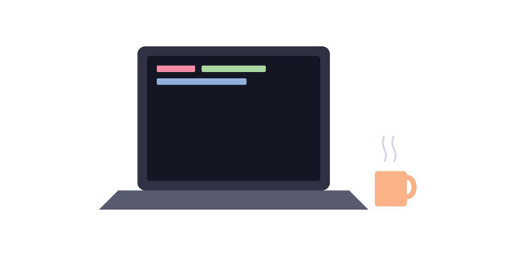 Laptop computer showing code on screen next to coffee mug on simple flat desktop surface.