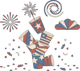 Obraz premium Paper cups decorated with stars and stripes patterns are stacked together amidst falling confetti and stylized firework illustrations.