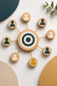 Target audience marketing concept with wooden chips showing people icons connected to a central bullseye circle on a minimal elegant stylish workspace customer segmentation strategy