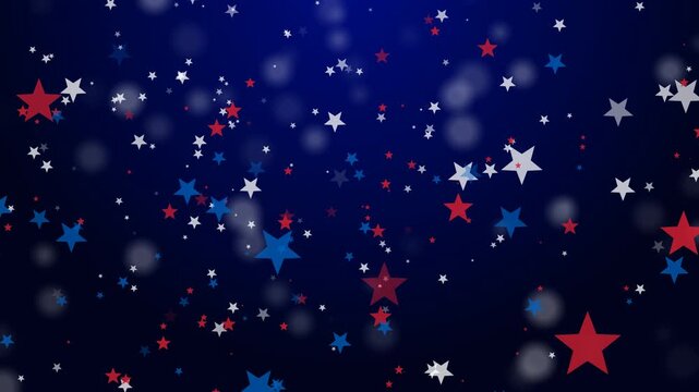 Red white and blue stars floating on blue background. suitable for patriotic designs, celebrations, holidays, fourth of july projects. Bright and dynamic.