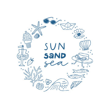 Hand drawn beach items and lettering sign.