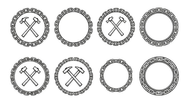 Eight industrial emblems incorporate heavy metal chain links and crossed blacksmith hammers to create robust workshop logos or manual labor craftsmanship icons.